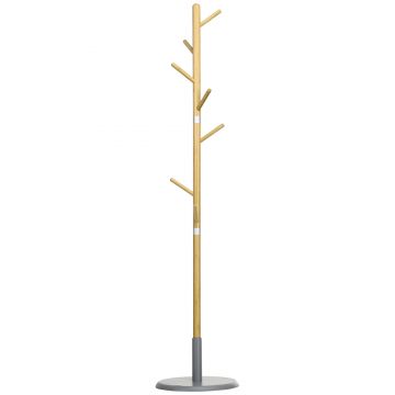 HOMCOM Suport de Haine pentru Hol, din MDF și Bambus, cu 8 Cârlige, Bază Rotundă din Metal, Ø37,8x175,6 cm, Culoare Lemn și Gri | Aosom Romania