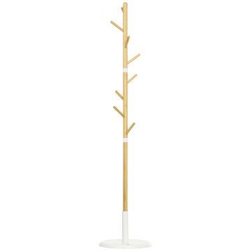 HOMCOM Cuier Vertical cu 8 Cârlige cu Bază Rotundă din Bambus, Lemn și Metal, Ø37,8x175,6 cm, Lemn Natural | Aosom Romania