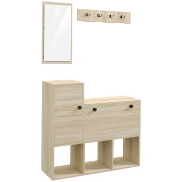 HOMCOM Mobilier pentru Hol cu Depozitare pentru 9 Perechi de Pantofi, Oglindă, Dulap, Rafturi și 4 Cârlige, 90x30x87 cm, Lemn Natural | Aosom Romania