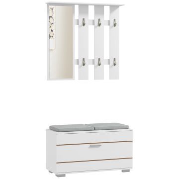 HOMCOM Set de Depozitare pentru Hol 4-în-1, Cuiere, Oglindă, Bancă pentru Încălțăminte cu Scaun, 85x35x49 cm, Alb | Aosom Romania