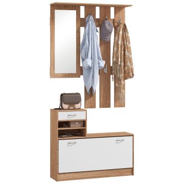 HOMCOM Set Mobilier Modern cu Etajeră pentru Pantofi, Oglindă cu 6 Cârlige, 2 Rafturi și Sertare, 90x24x177 cm, Lemn Natural | Aosom Romania